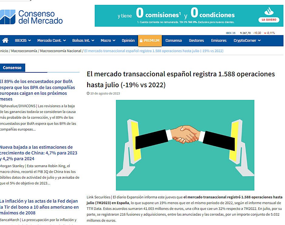 El mercado transaccional espaol registra 1.588 operaciones hasta julio (-19% vs 2022)